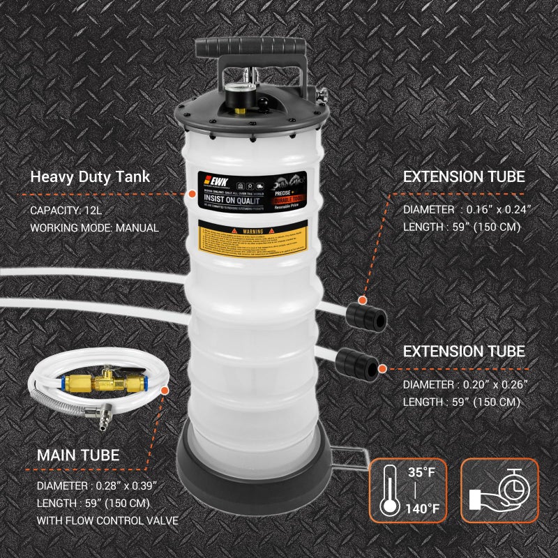 EWK 12L Heavy Duty Manual Oil Extractor/Dispenser Pump, Fluid Vacuum Evacuator with Reinforced Tank for Automotive Oil Change - Image 2